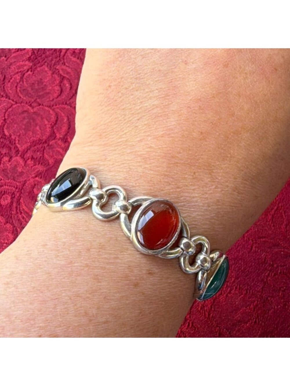 Vintage 925 Sterling Silver Multi Gemstone Bracelet Onyx Chalcedony Carnelian